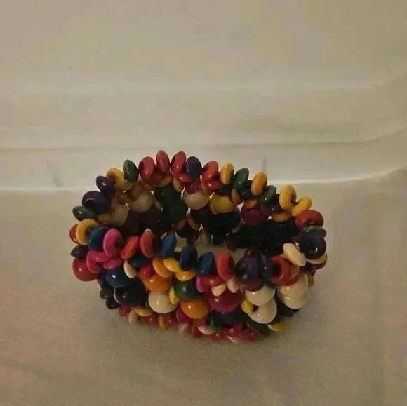 White, multicolored wooden slip on bracelet. Wide ban - Picture 4 of 5